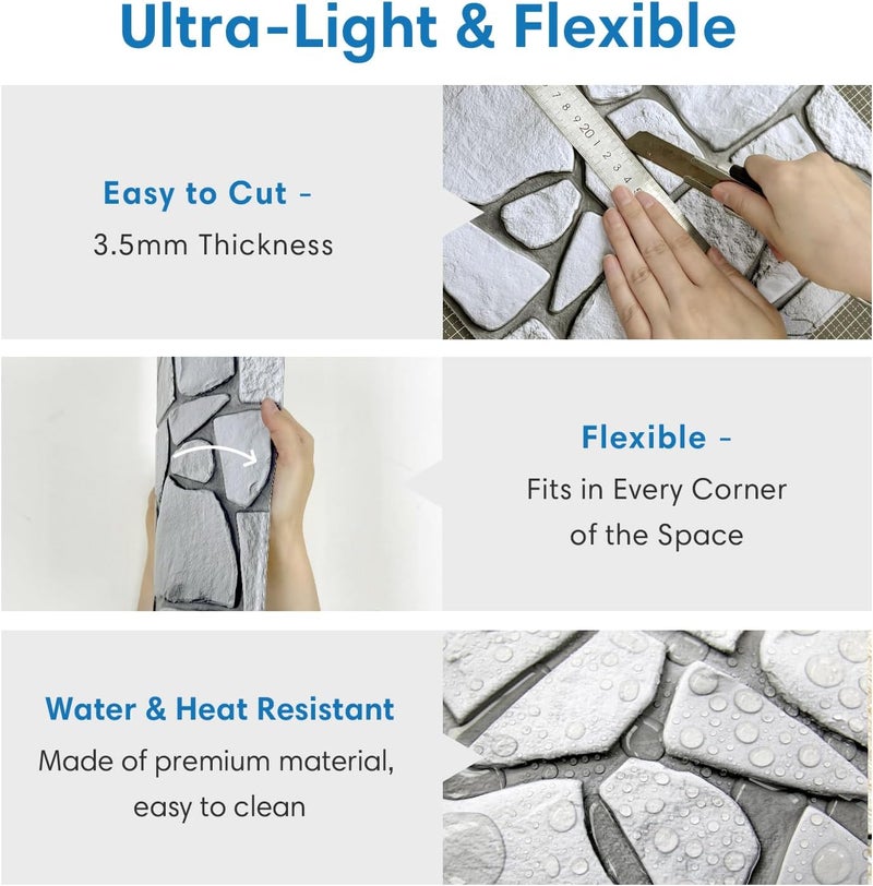 COMSTICKC 3D Wall Panels,Faux Gray Stone Peel and Stick Wall Panels,10 Pcs of 12"X12",Ultra-Light Thin PVC Whitewash Adhesive Irregular Rocks Stone Backsplash Interior Decor,Paintable Decorative Tiles - Image 4